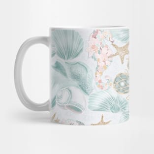 Seaside Living with shells and vintage glass floats Mug